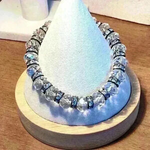 Vintage Glass Crystal Beads with Rhinestones Silver Tone Stretch Bracelet